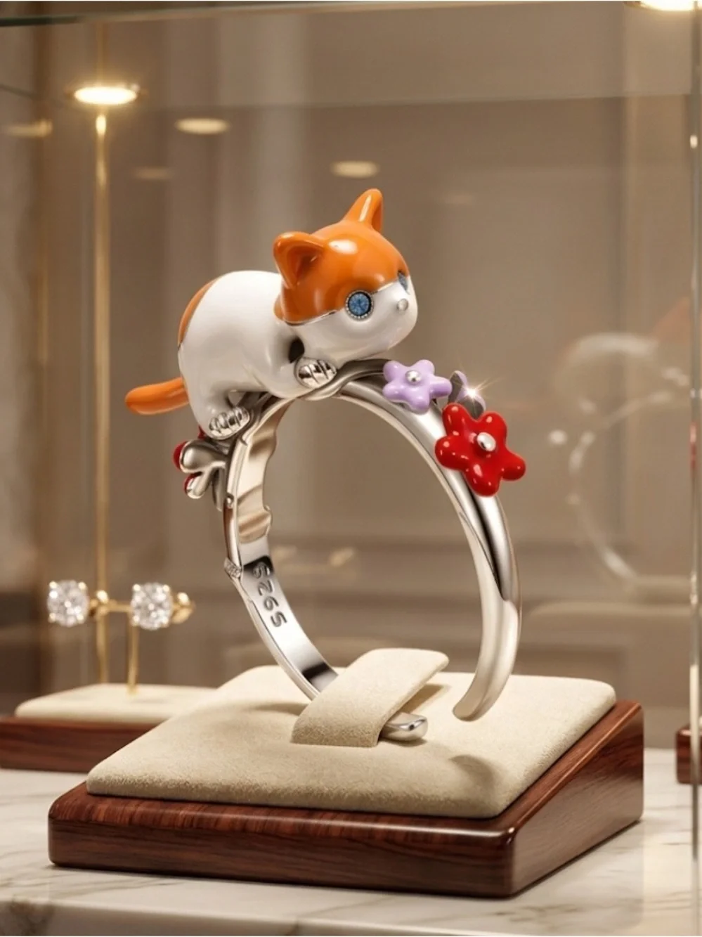 Sterling Silver Cat Ring with Orange and White Enamel
